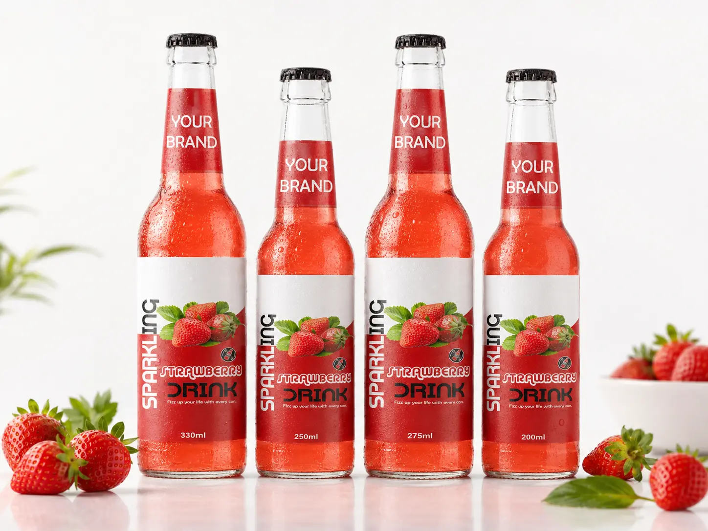 SPARKLING DRINK Strawberry Flavored Drink in 330ml, 250ml, 275ml, and 200ml glass bottles.
